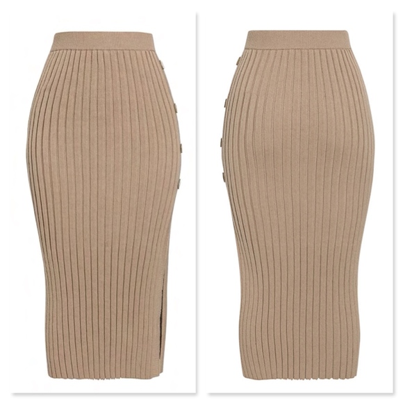 Khaki Rib Knit High Slit Buttoned Midi Skirt - Picture 6 of 9